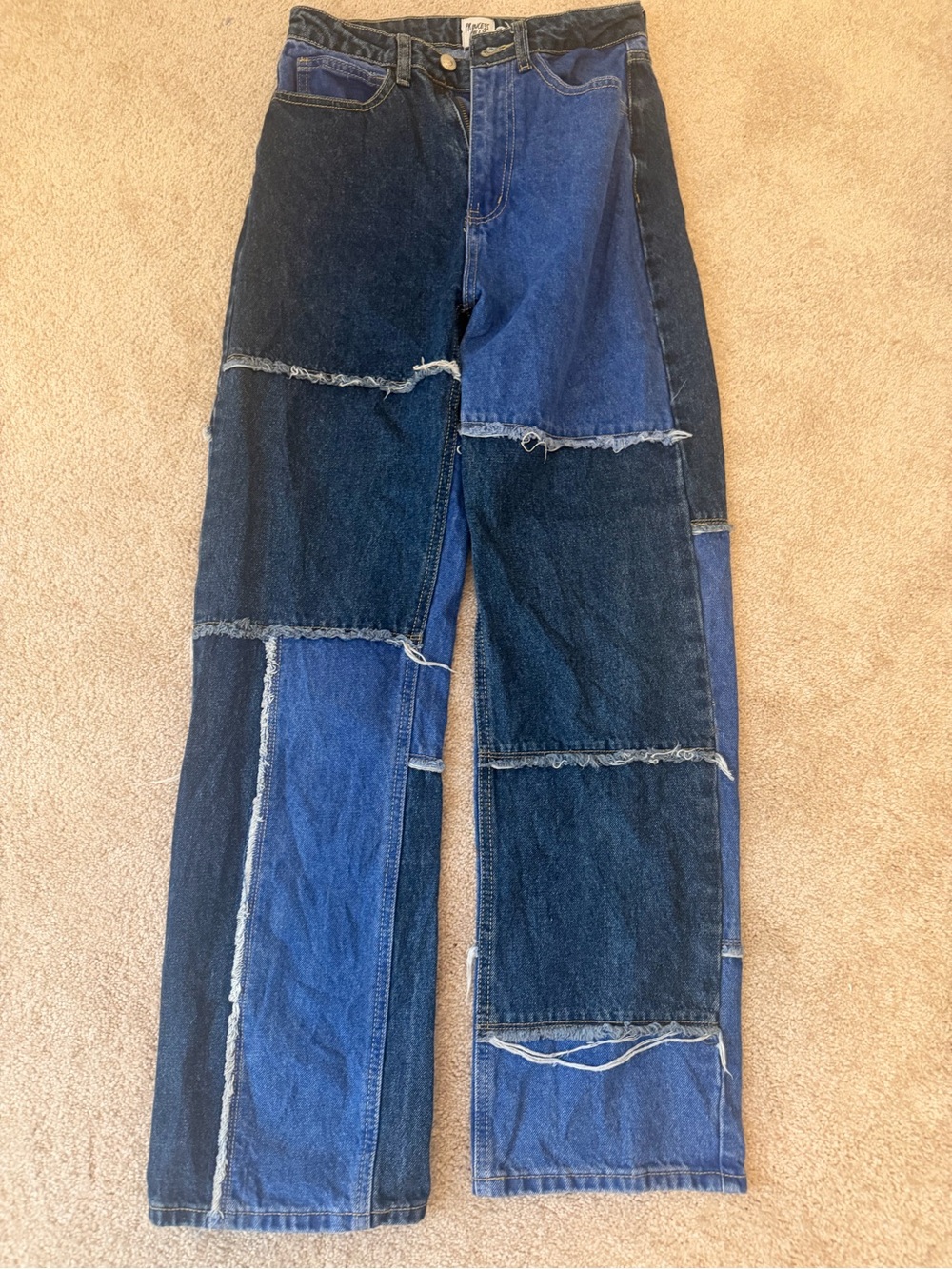 Princess Polly Two-Tone Patchwork Straight Jeans in Dark and Medium Blue